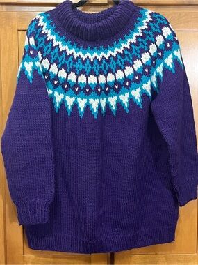 Handmade Fair Isle Nordic Yoke Chunky Knit Wool Sweater Purple Blue White Size L